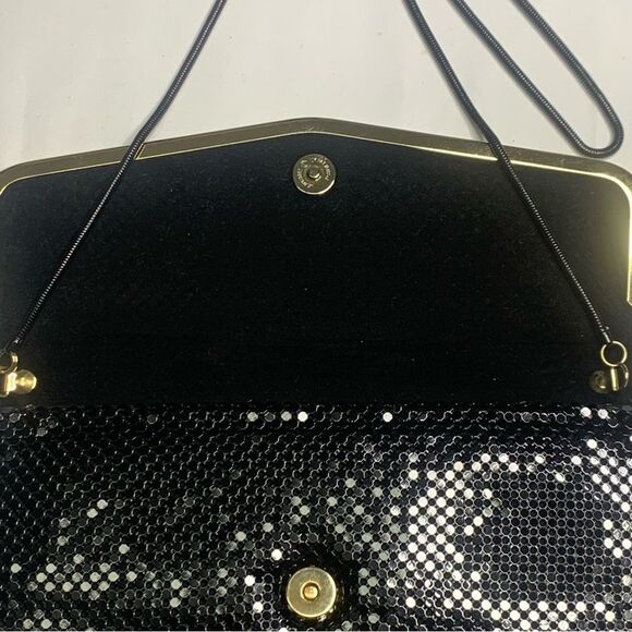 Black Metal Mesh-Metal Gold Tone Metal Trim Evening Shoulder Purse or Clutch - Picture 5 of 15